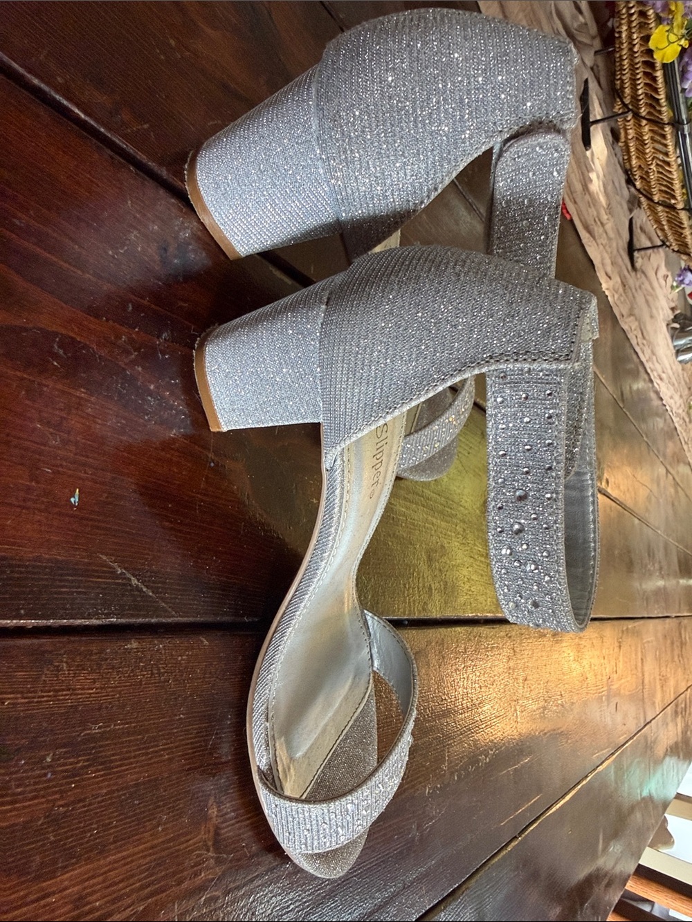 Girls' Silver Sparkle Block Heel Sandals with Ankle Strap - Picture 5 of 7